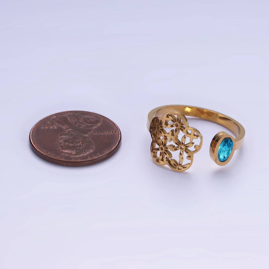 Stainless Steel Blue CZ Bezel Open Flower Filigree Wrap Ring