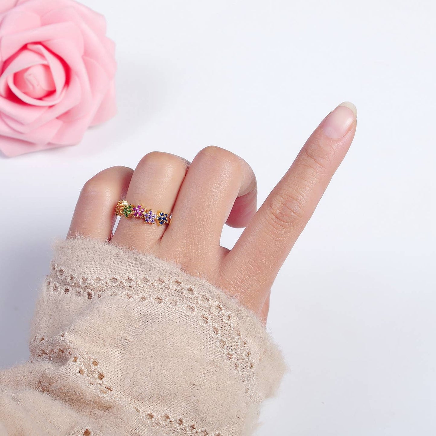 Multicolor CZ Crystal Stone Flower Gold Open Ring O2133