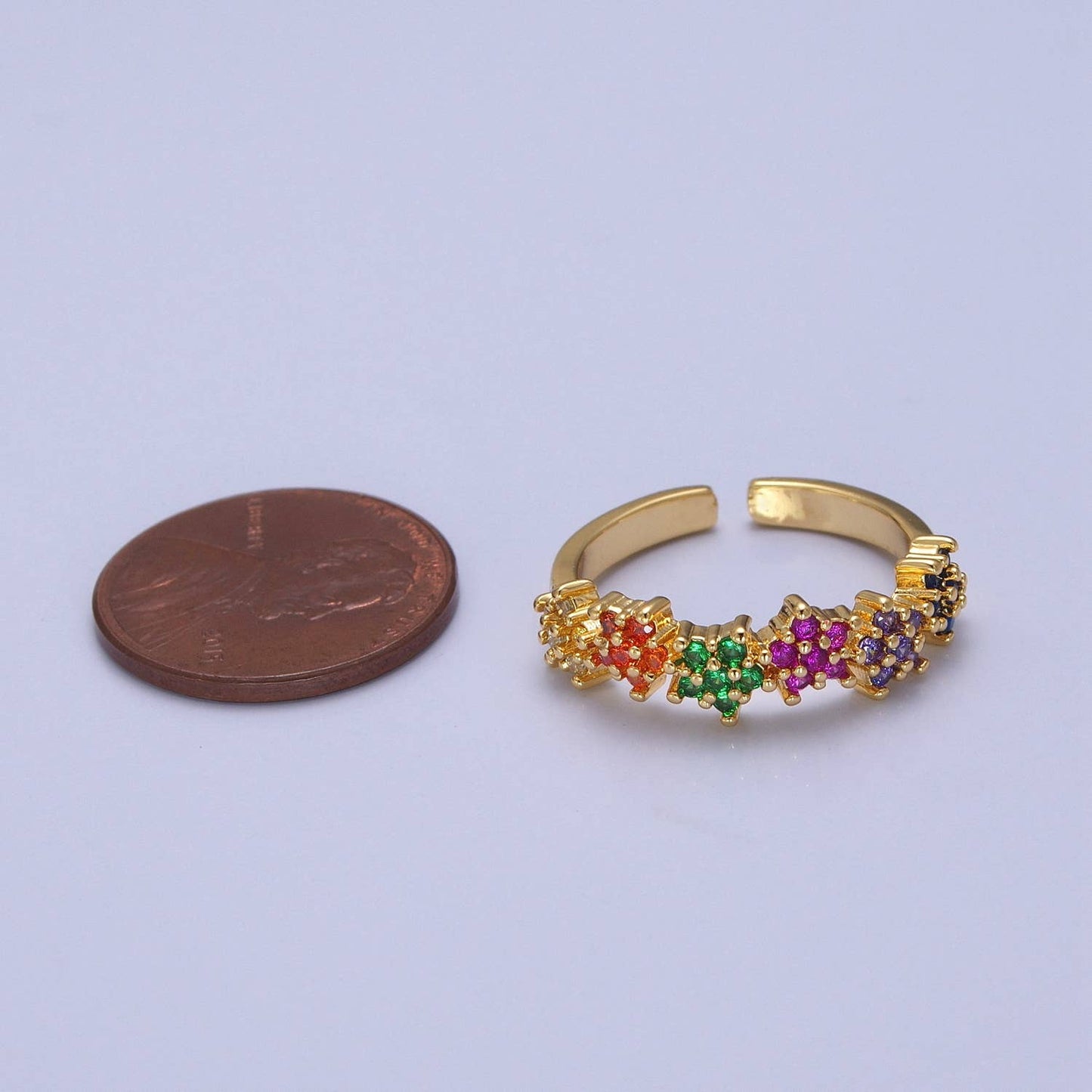 Multicolor CZ Crystal Stone Flower Gold Open Ring O2133