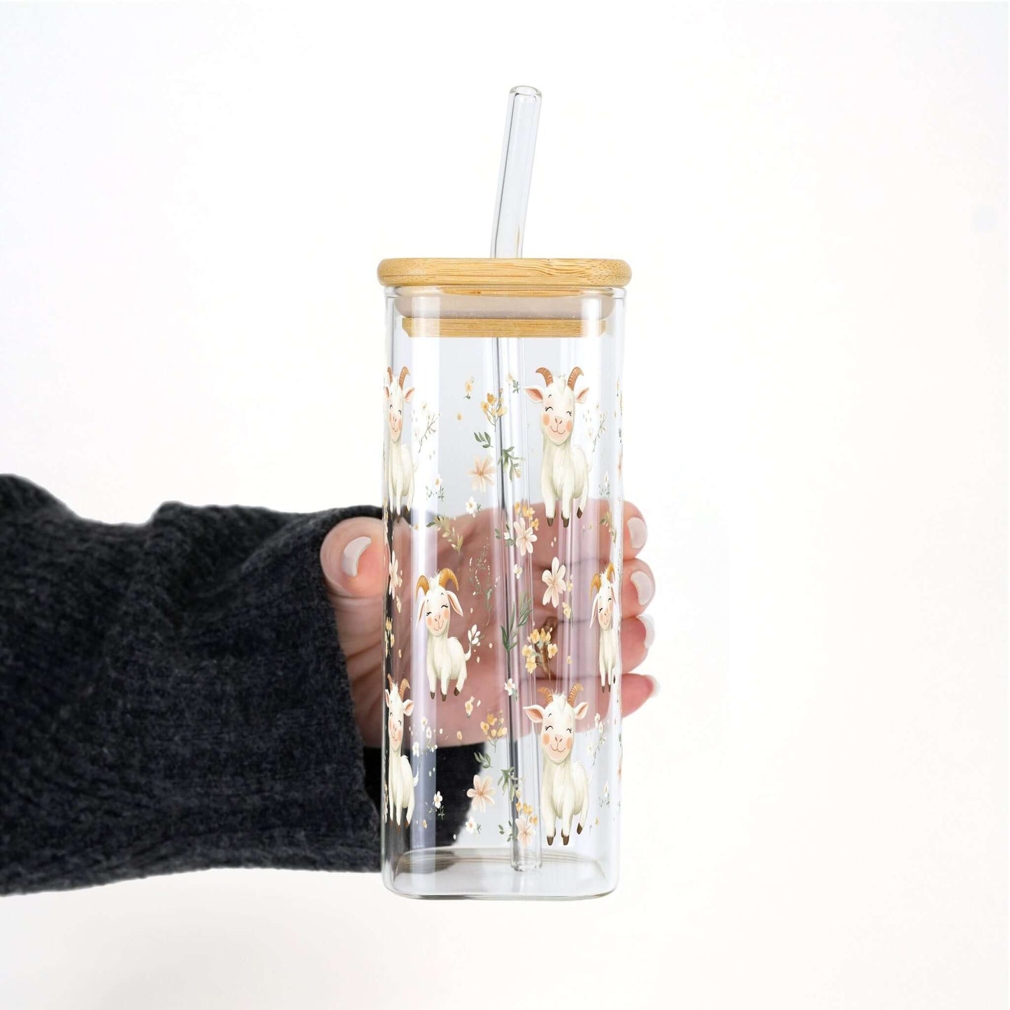 Floral Cute Goats Cup With Lid and Straw