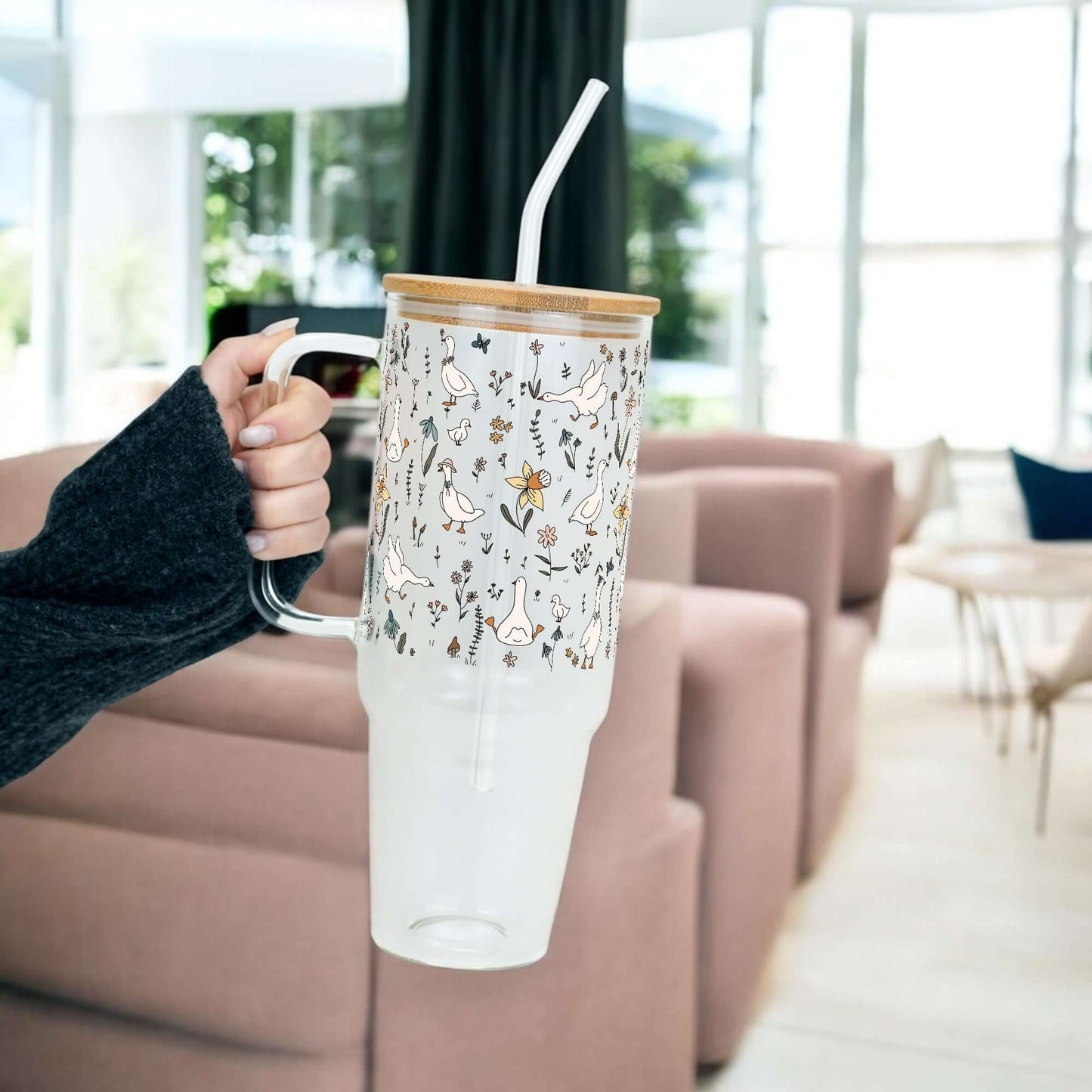 Floral Geese Tumbler With Handle Lid and Straw
