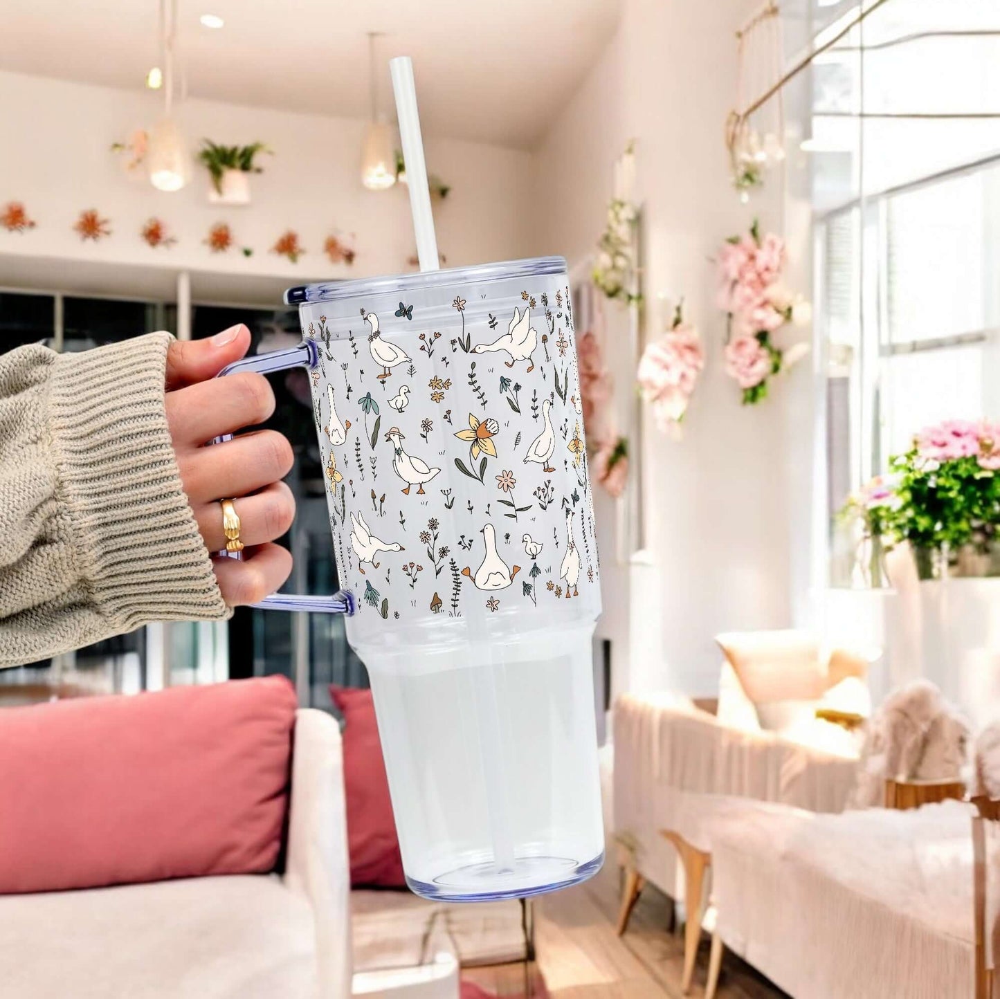 Floral Geese Tumbler With Handle Lid and Straw
