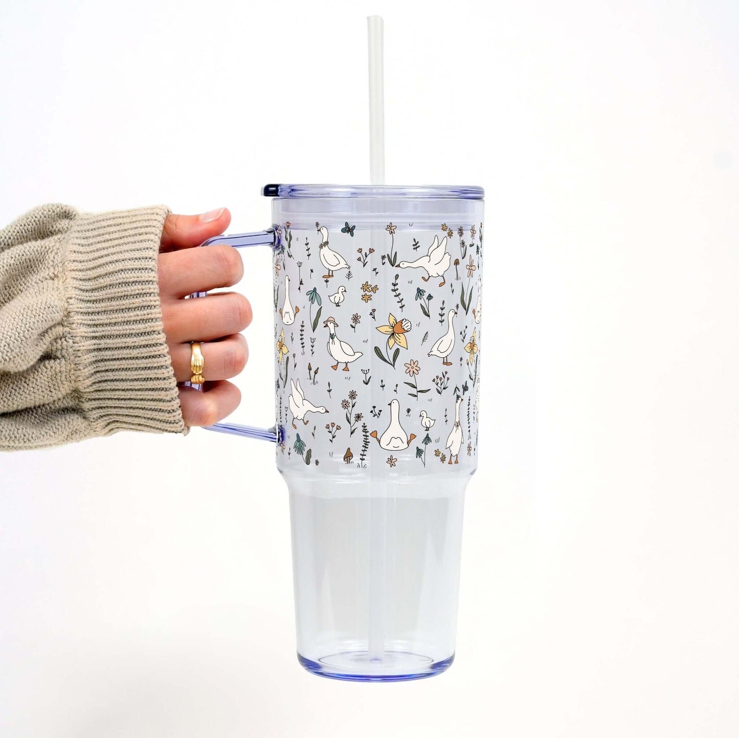 Floral Geese Tumbler With Handle Lid and Straw