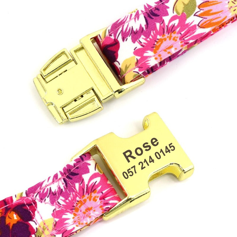 Pink Rose Flower Dog Collar & Leash Set | Personalized Free