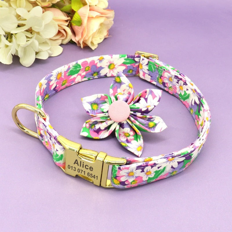 Purple Daisy Flower Dog Collar & Leash Set | Personalized Free