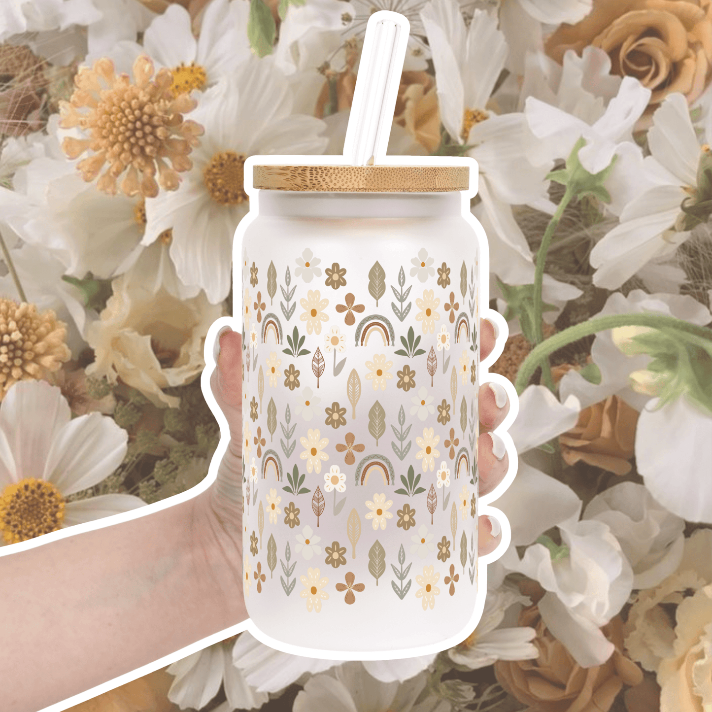 Neutral Wildflowers Cup With Lid and Straw
