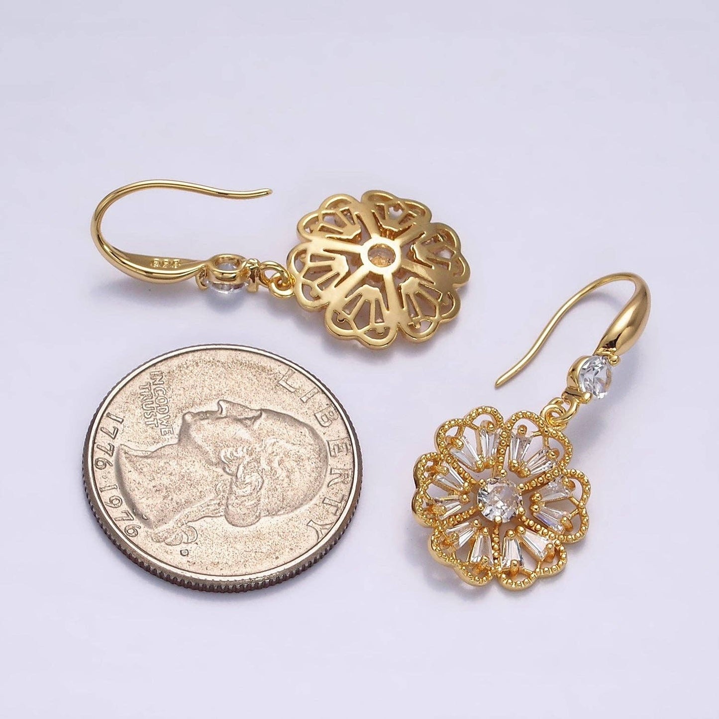 16K Gold Filled Open Flower Triangle Baguette Beaded CZ Drop