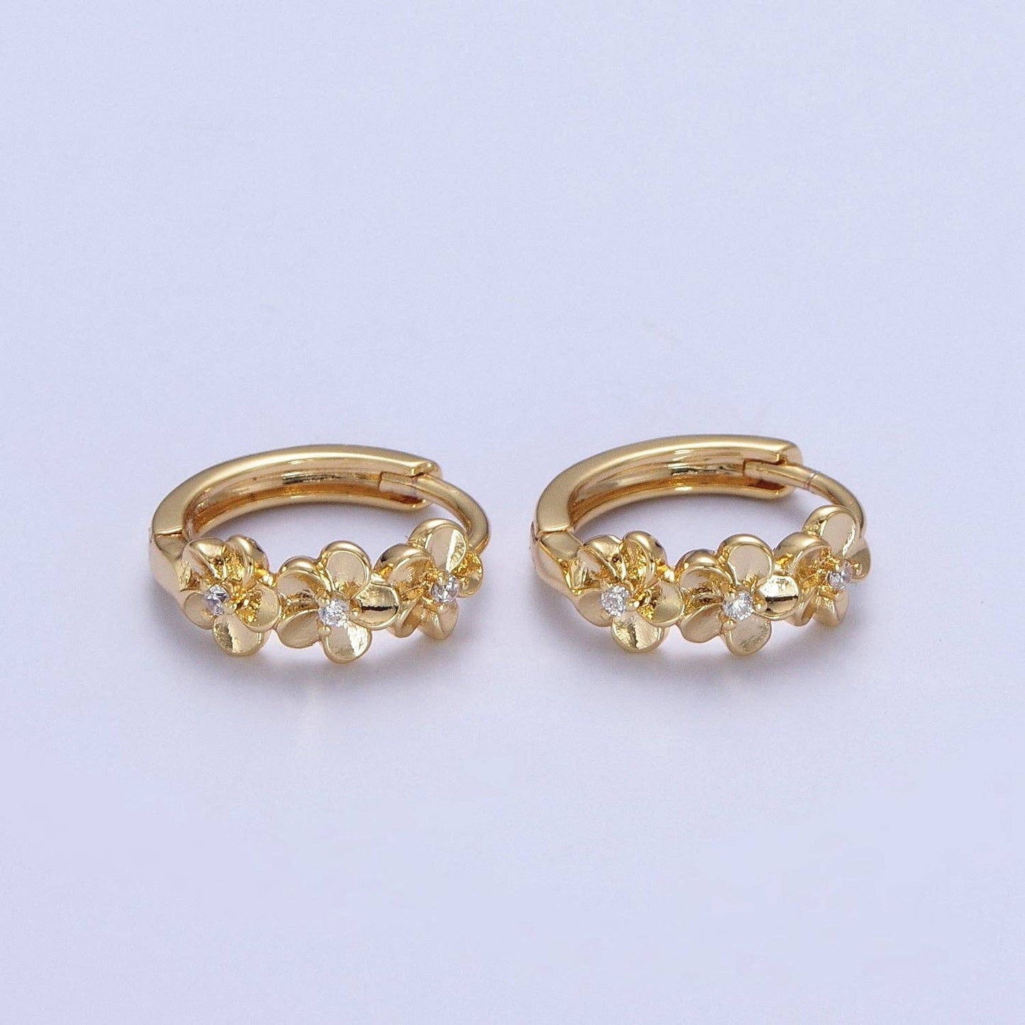 Minimalist 24K Gold Filled Flower Cubic Zirconia Huggie Hoops Earring T-104