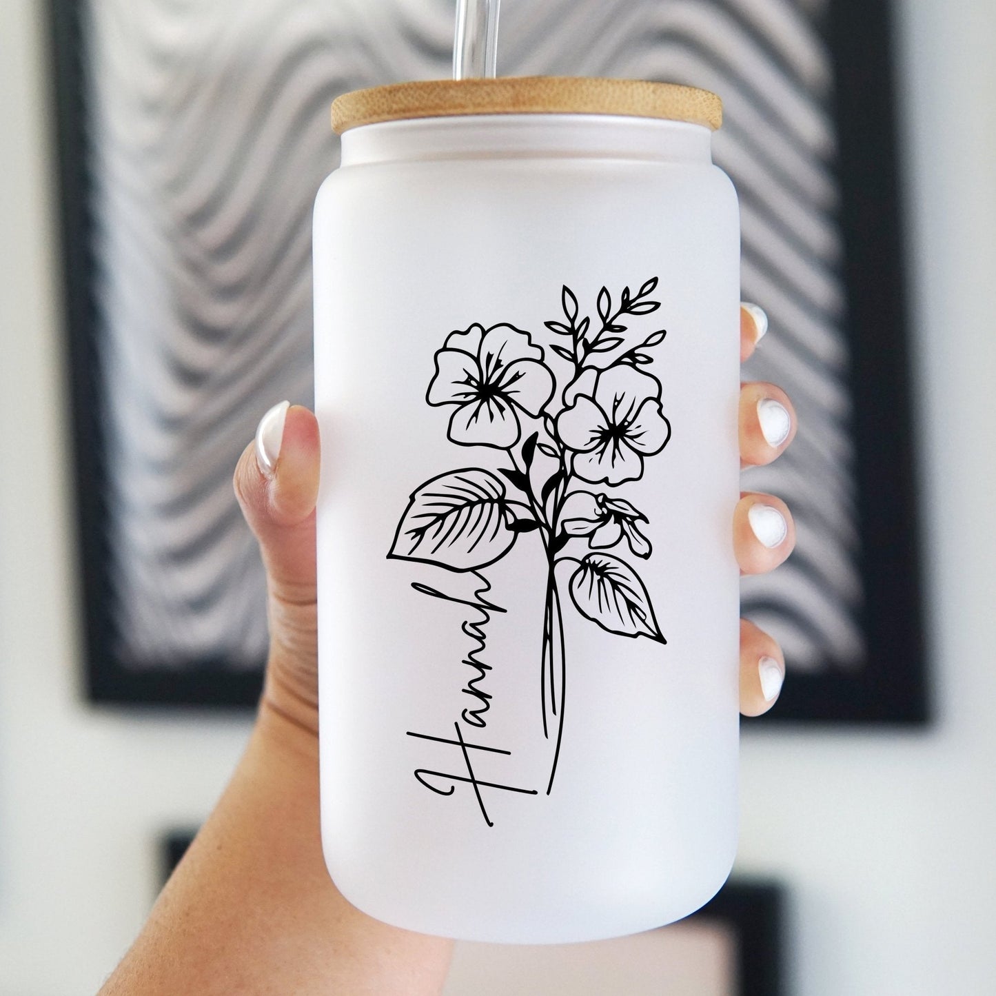 Modern Birth Flower Can Cup with Lid and Straw
