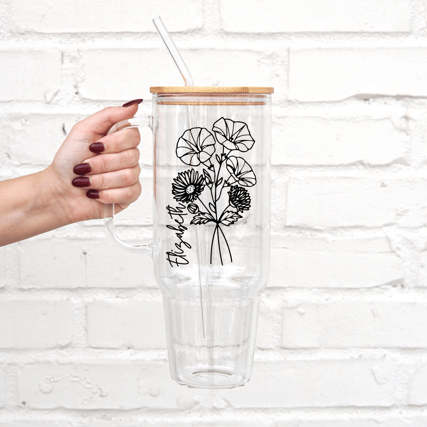 Personalized Birth Flower 40oz Glass or Plastic Tumbler With Lid and Straw
