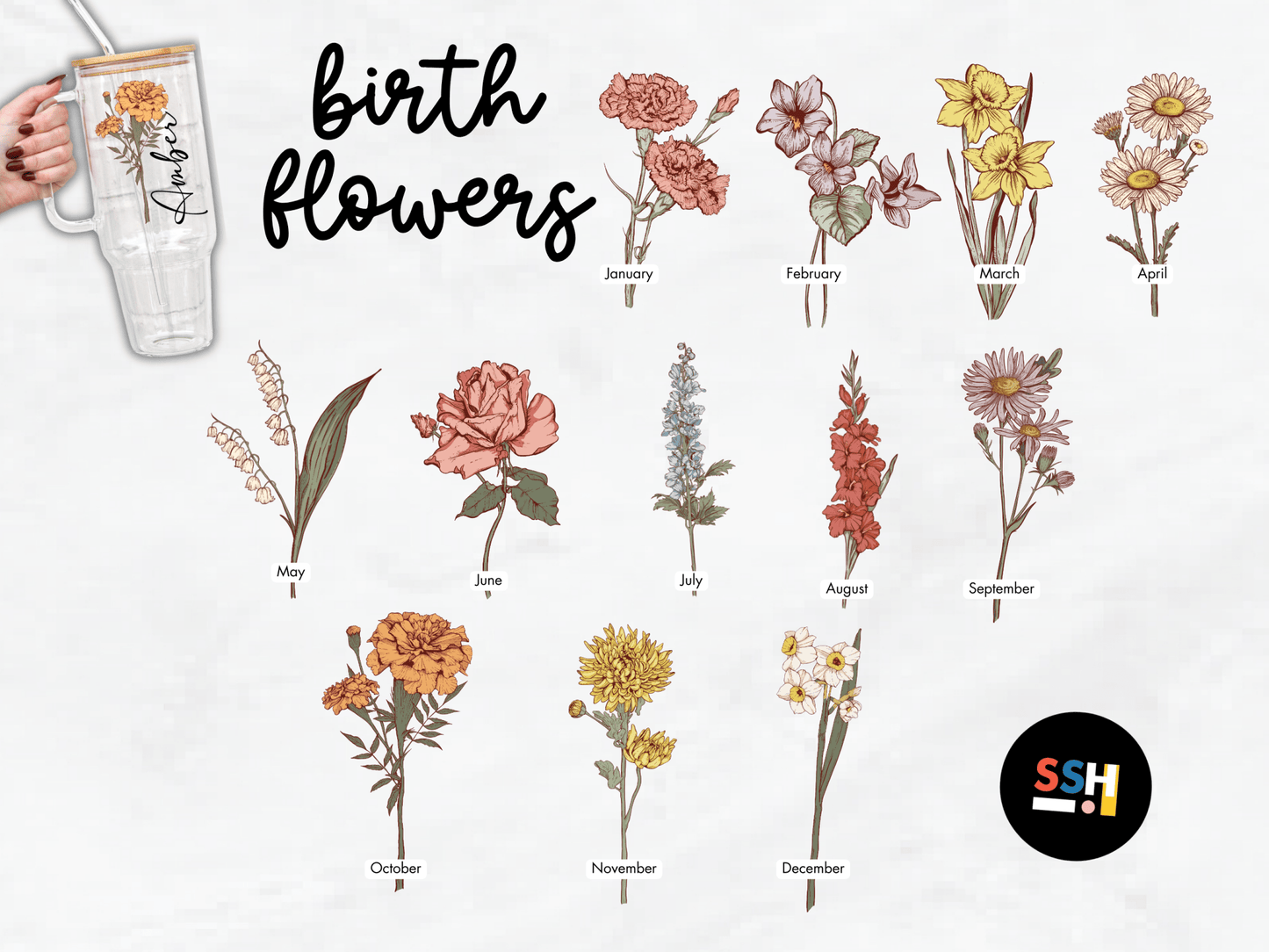 Personalized Color Birth Flower 40oz Glass or Plastic Tumbler With Lid and Straw