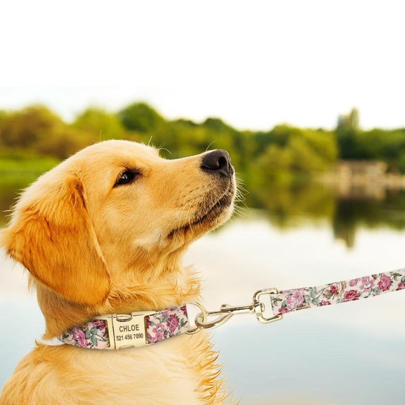 Floral Dog Collar & Leash Set With Matching Poop Bag Case | Personalized Free