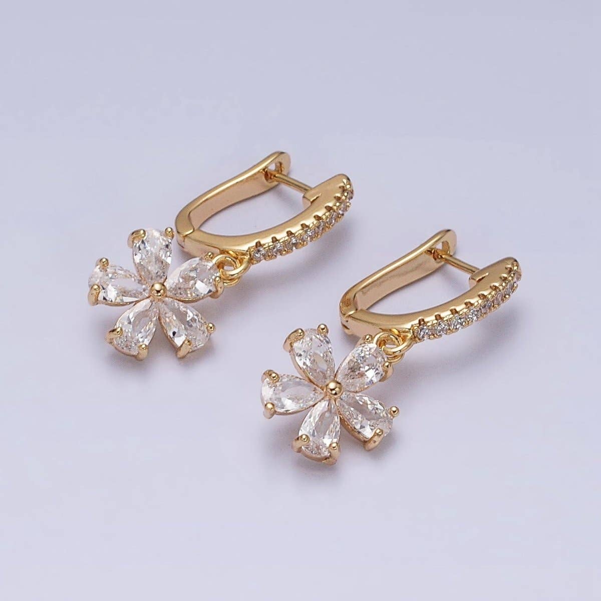 16K Gold Filled Clear Flower Baguette Drop Micro Paved English Lock Earrings in Gold & Silver | AD927 AD928