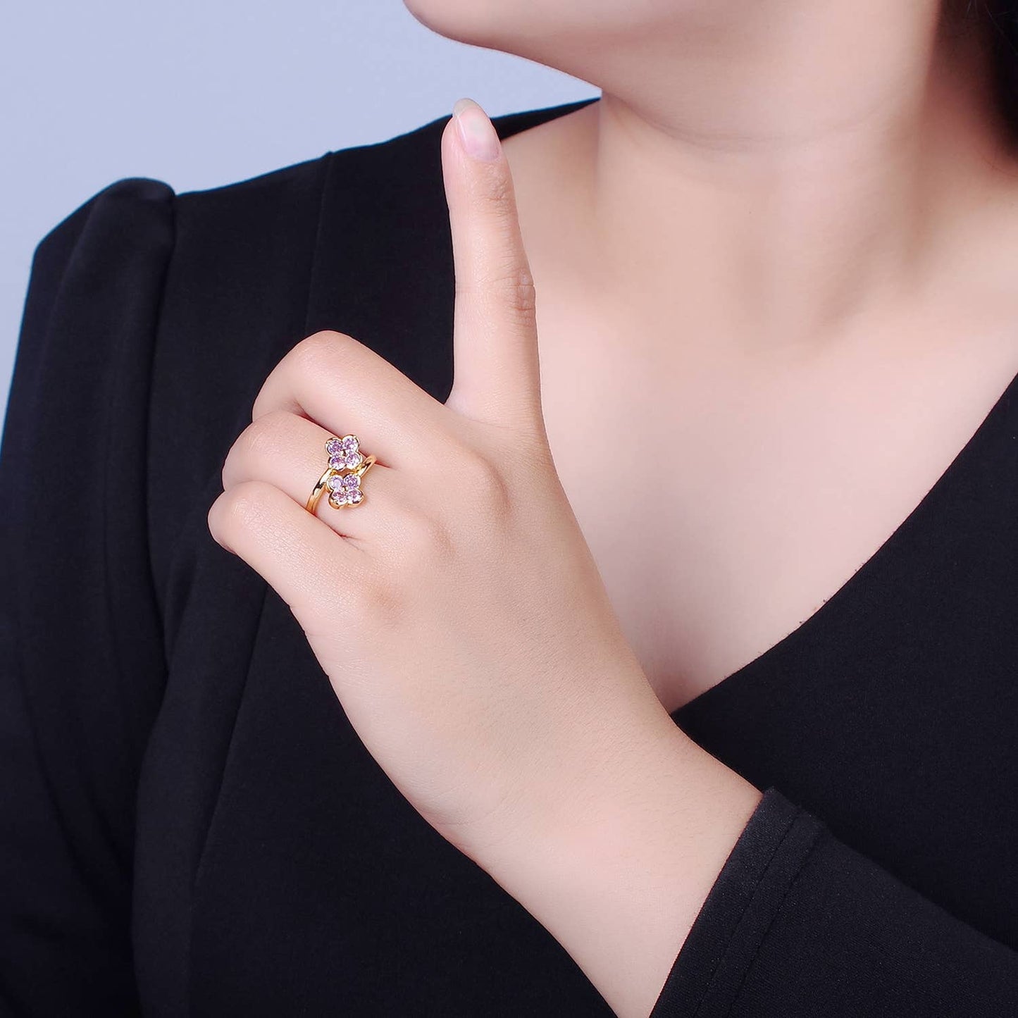 Colorful CZ Clover Gold Adjustable Ring O2217, O2218, O2219
