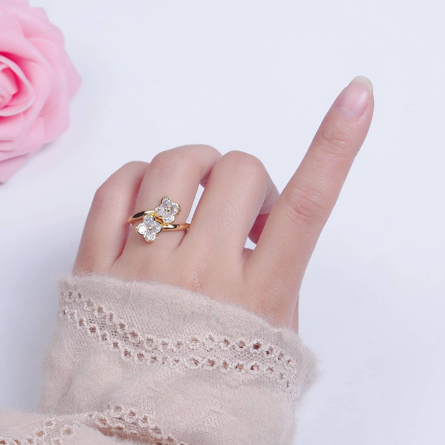 Colorful CZ Clover Gold Adjustable Ring O2217, O2218, O2219