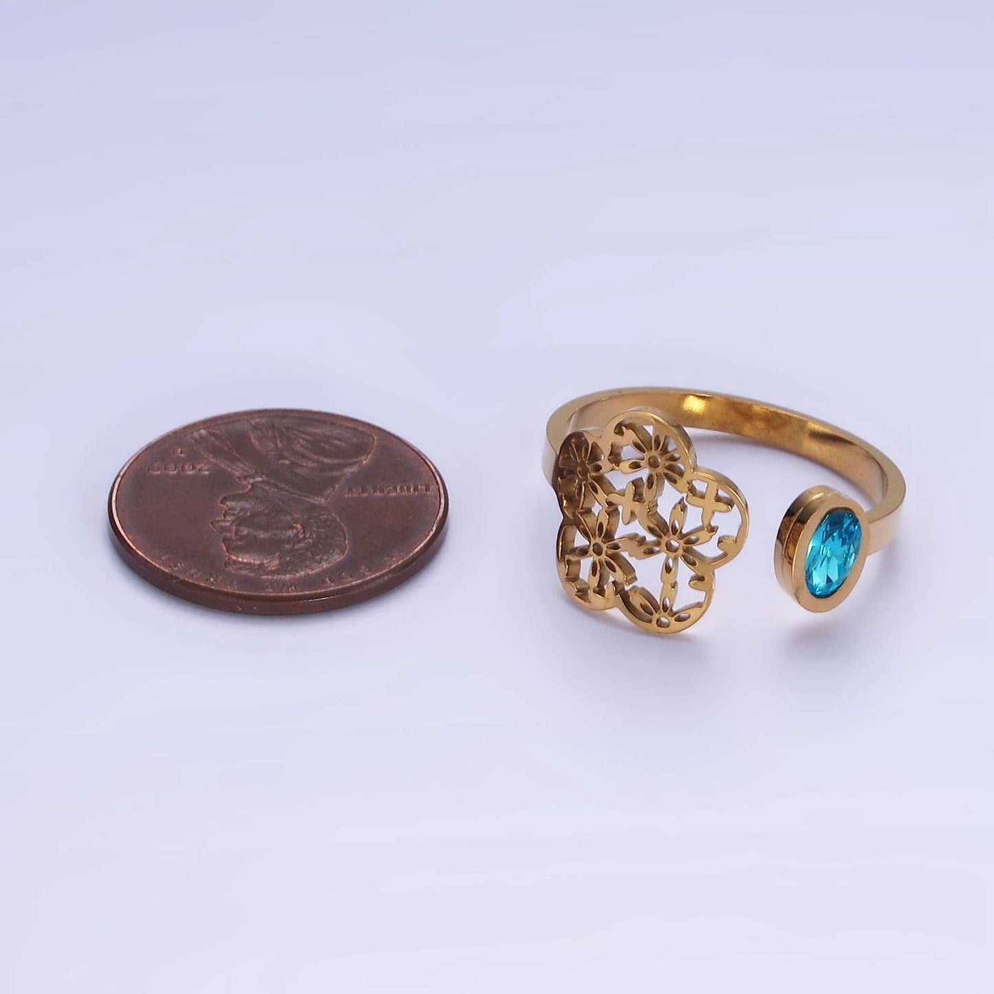 Stainless Steel Blue CZ Bezel Open Flower Filigree Wrap Ring