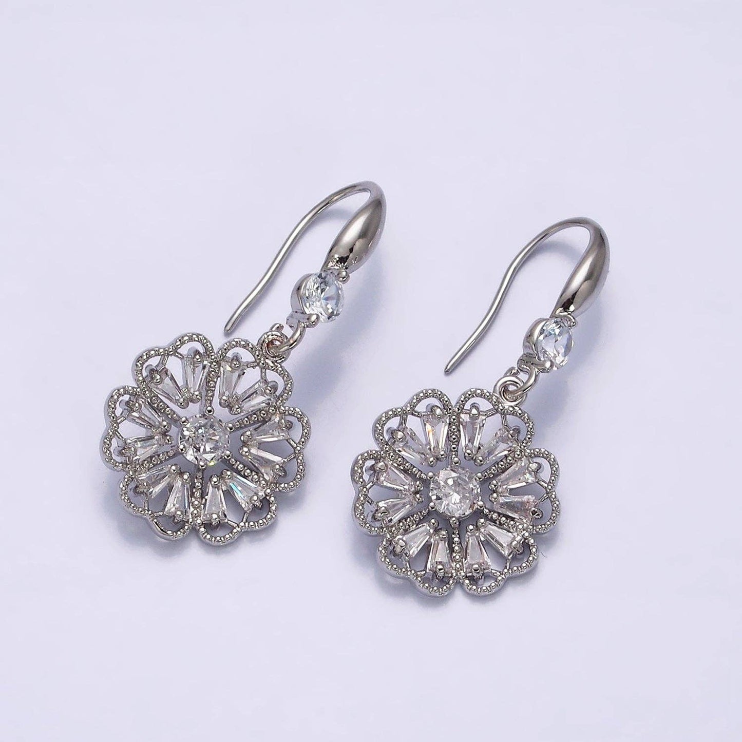 16K Gold Filled Open Flower Triangle Baguette Beaded CZ Drop