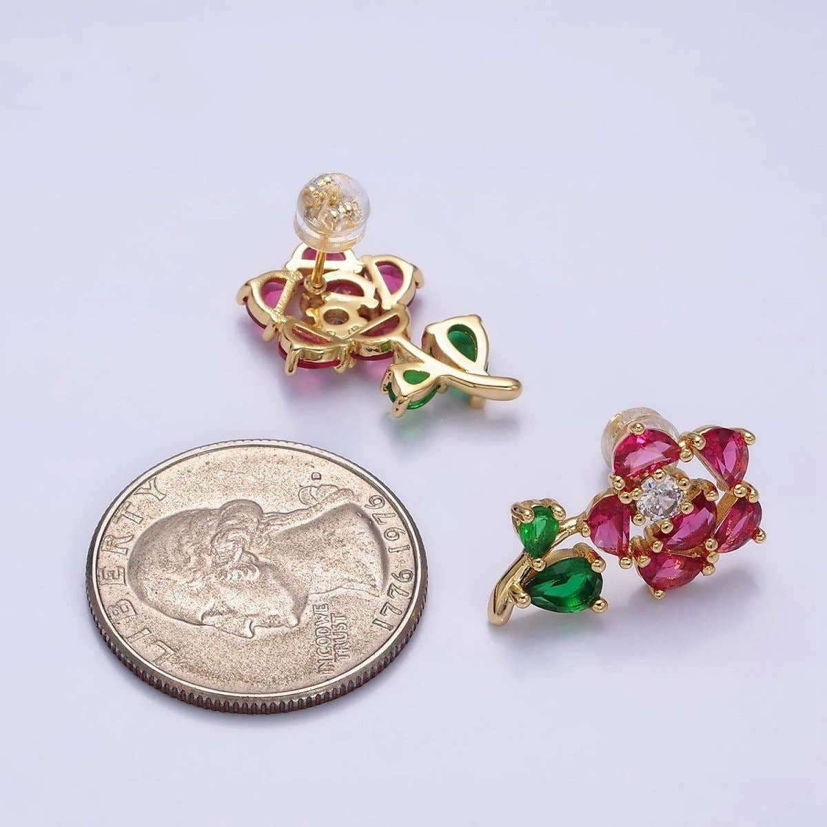 16K Gold Filled Clear, Fuchsia, Pink CZ Flower Leaf Multicolor Stud Earrings in Gold & Silver | AD1018 - AD1023