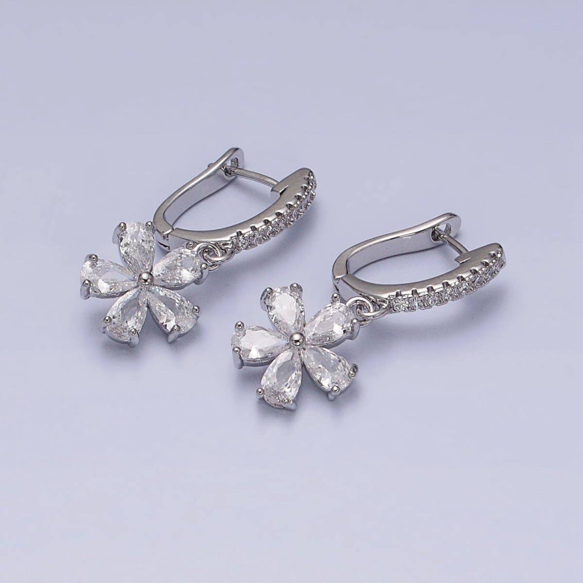 16K Gold Filled Clear Flower Baguette Drop Micro Paved English Lock Earrings in Gold & Silver | AD927 AD928