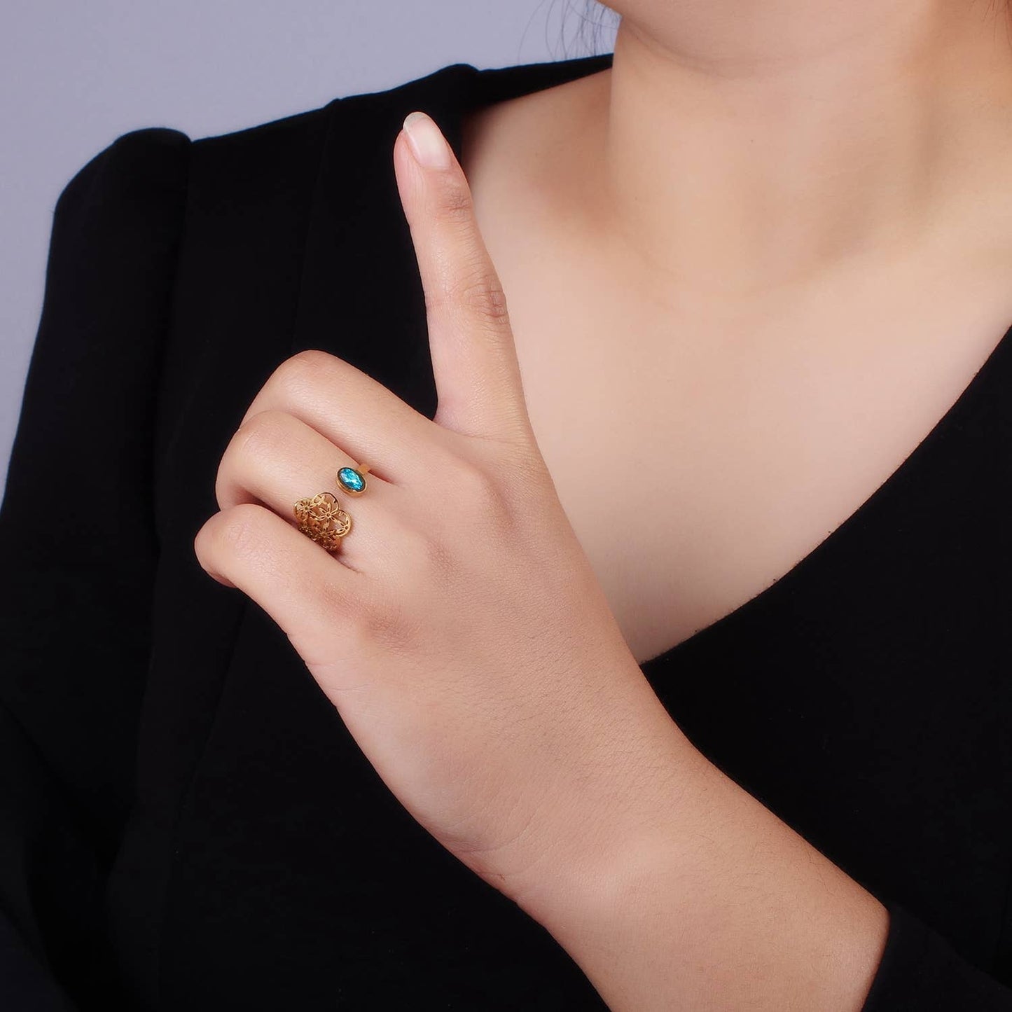 Stainless Steel Blue CZ Bezel Open Flower Filigree Wrap Ring