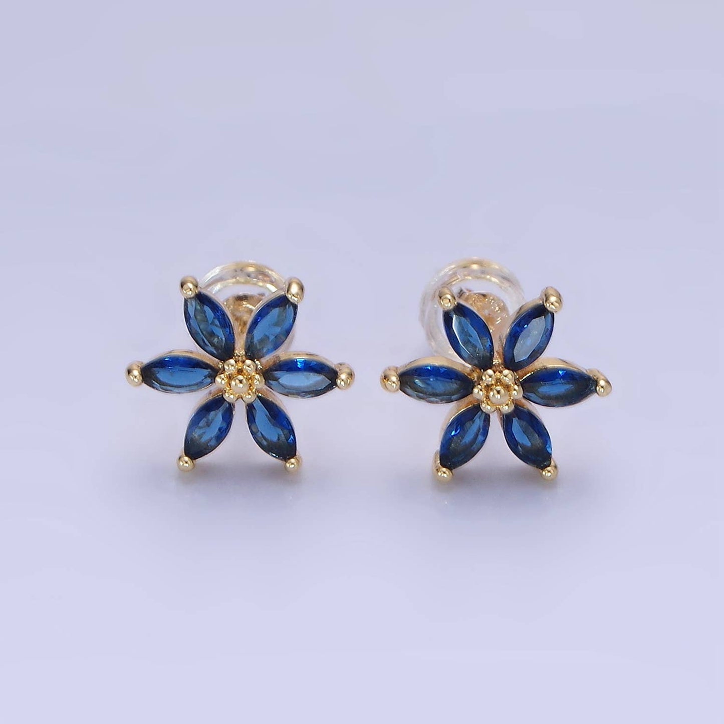 14K Gold Filled Clear, Purple, Blue CZ Flower Stud Earrings