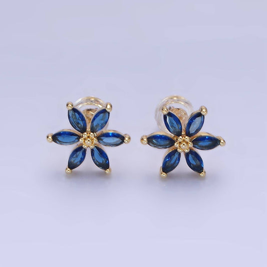 14K Gold Filled Clear, Purple, Blue CZ Flower Stud Earrings