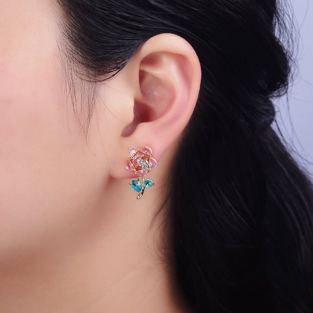 16K Gold Filled Clear, Fuchsia, Pink CZ Flower Leaf Multicolor Stud Earrings in Gold & Silver | AD1018 - AD1023