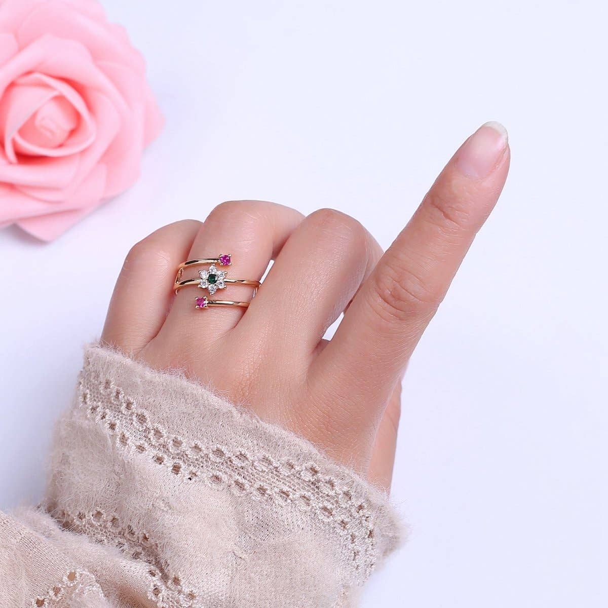 Spiral Finger Wrap Ring/ Flower Cz Gold Band Ringt CZ Diamond Wraparound Ring Midi Thumb Ring S-538 S-539