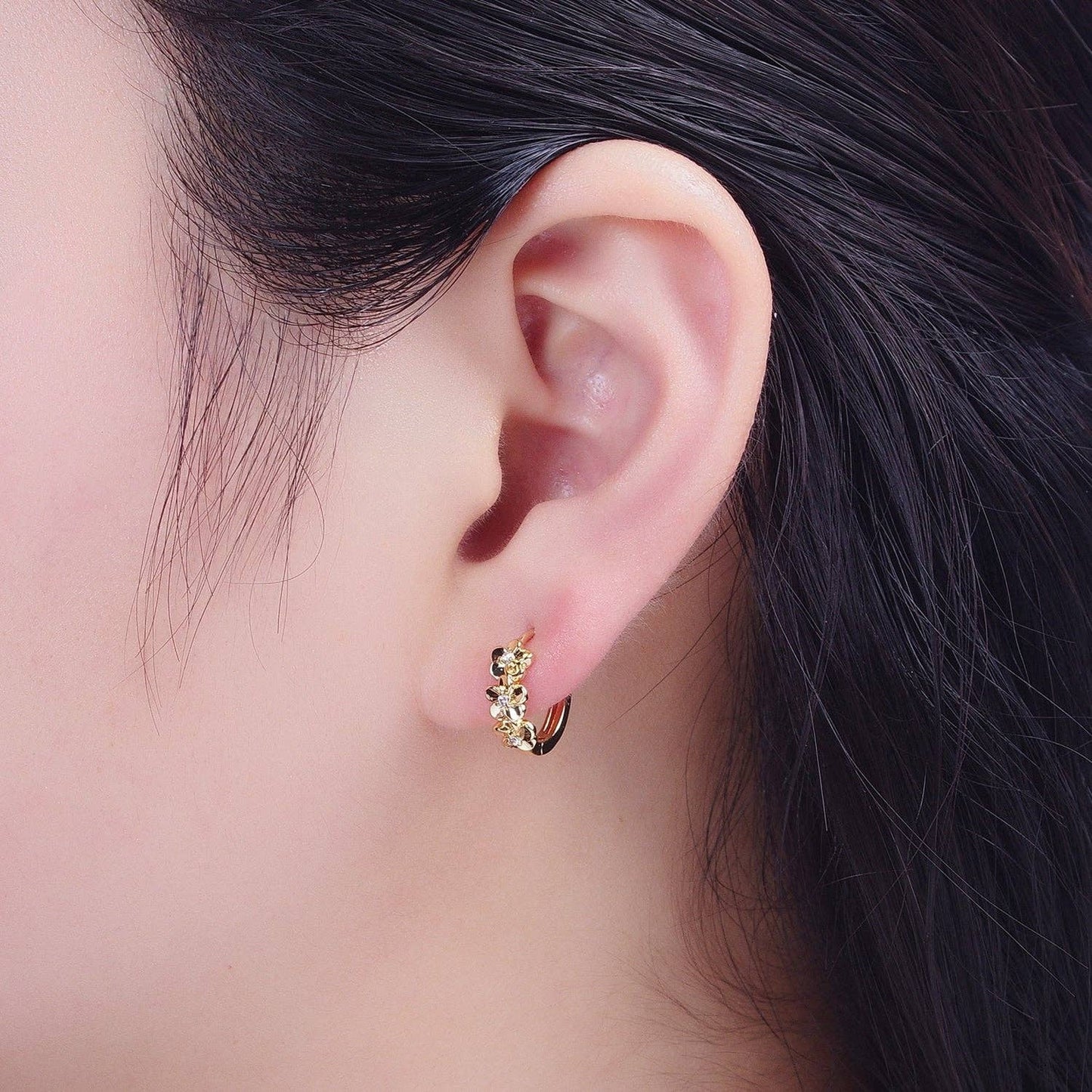 Minimalist 24K Gold Filled Flower Cubic Zirconia Huggie Hoops Earring T-104