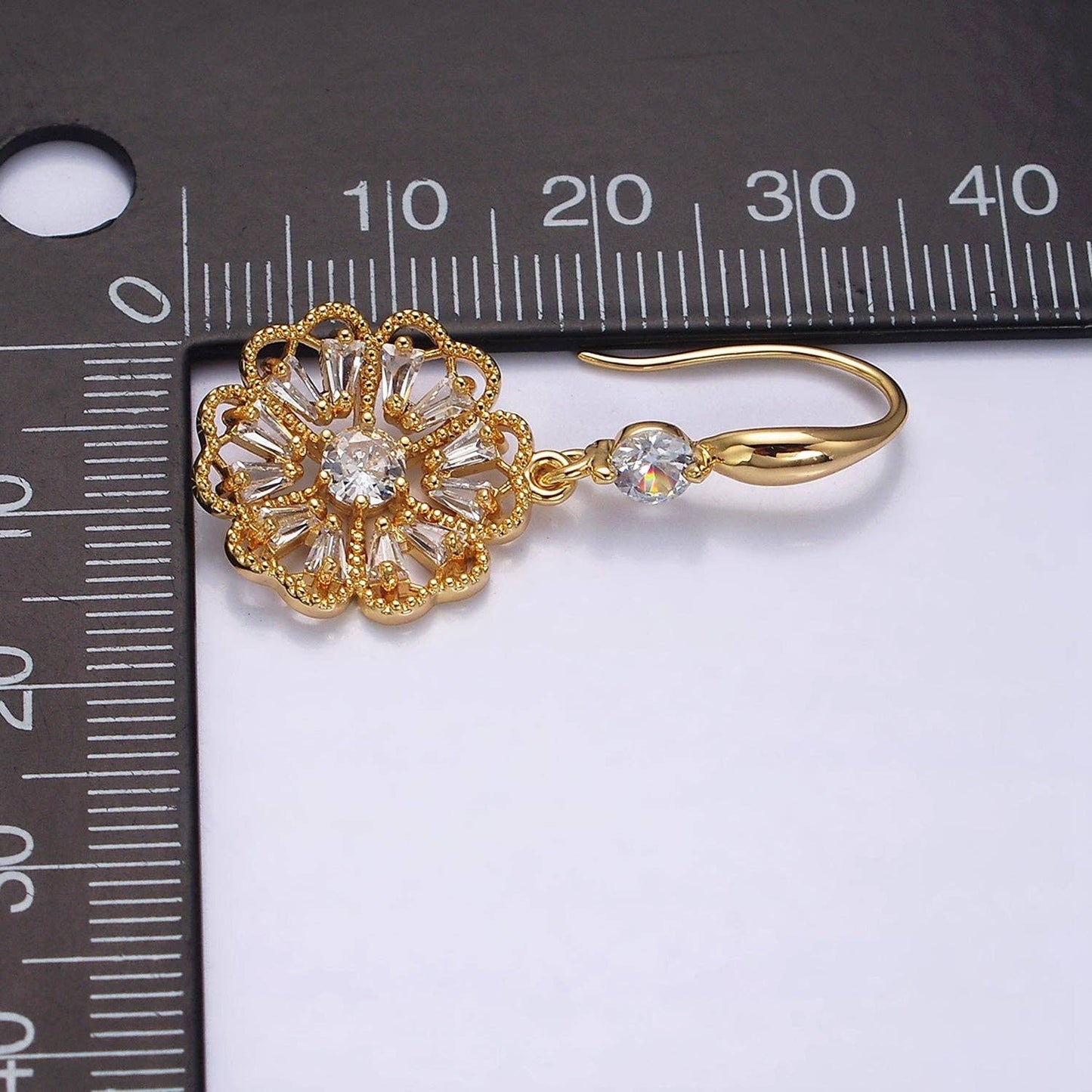 16K Gold Filled Open Flower Triangle Baguette Beaded CZ Drop