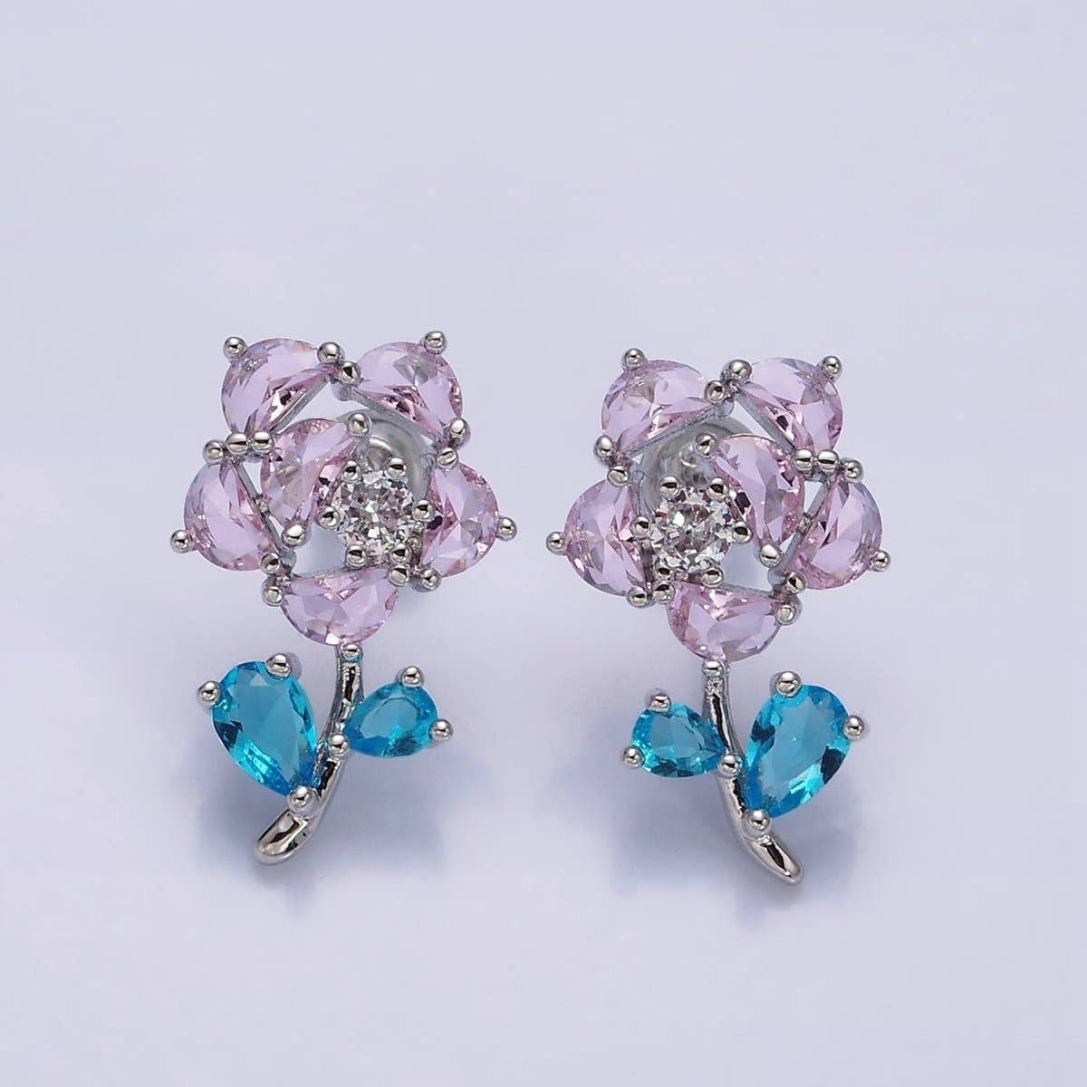 16K Gold Filled Clear, Fuchsia, Pink CZ Flower Leaf Multicolor Stud Earrings in Gold & Silver | AD1018 - AD1023