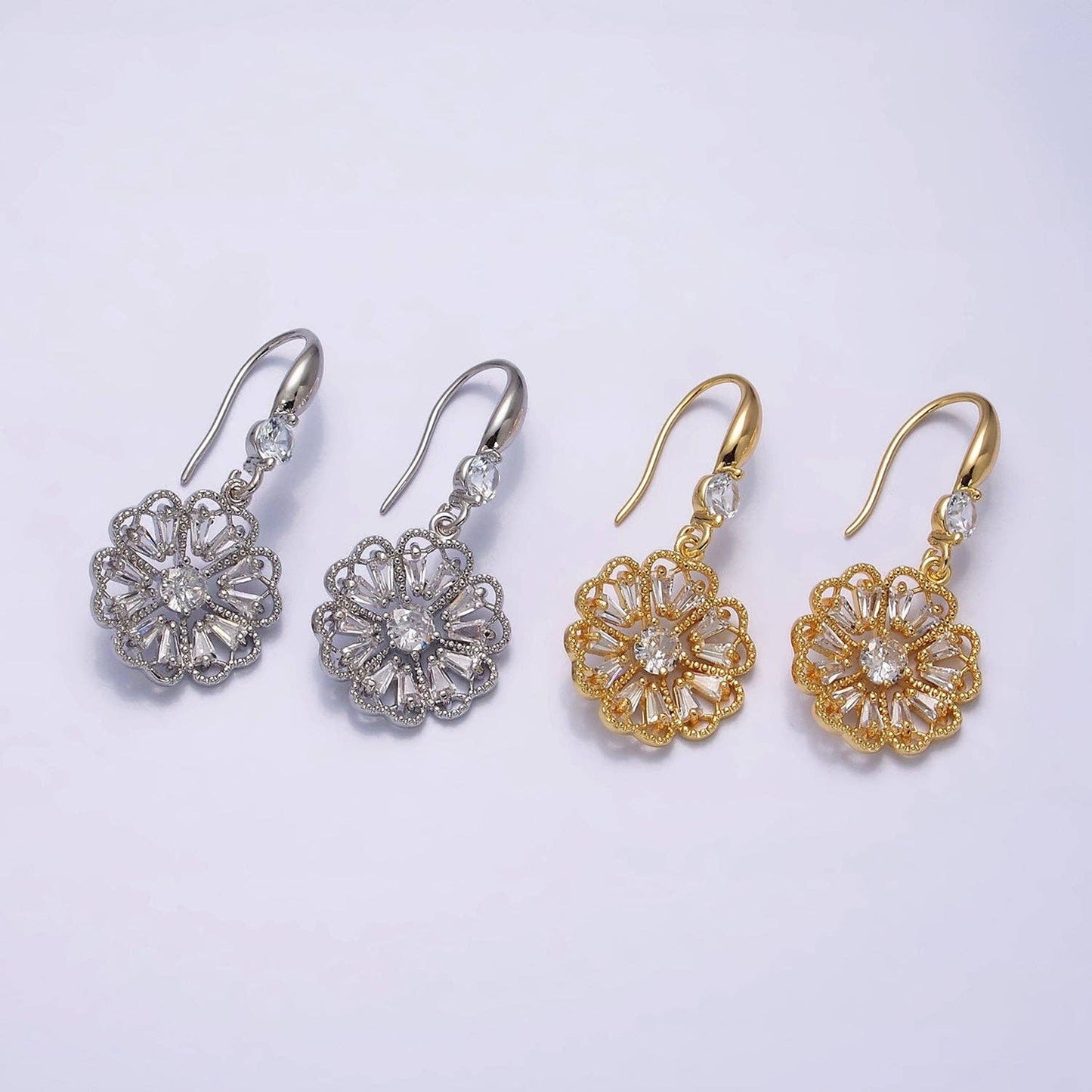 16K Gold Filled Open Flower Triangle Baguette Beaded CZ Drop