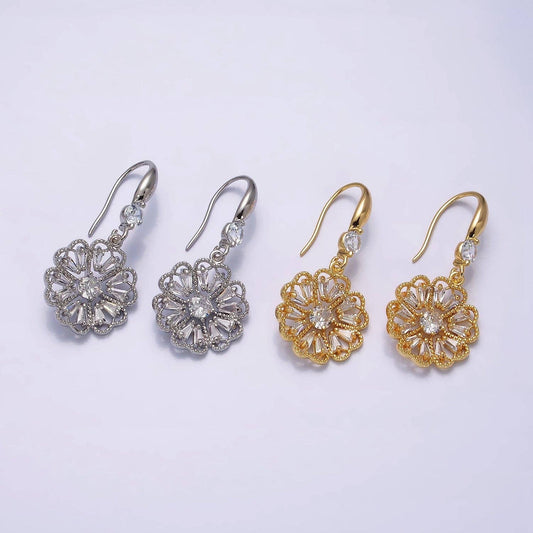 16K Gold Filled Open Flower Triangle Baguette Beaded CZ Drop