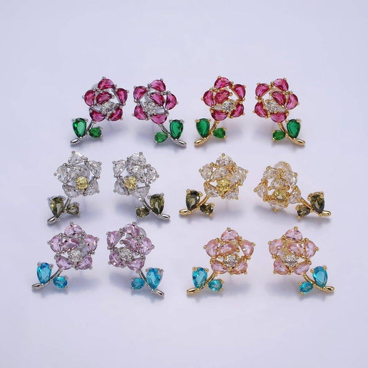 16K Gold Filled Clear, Fuchsia, Pink CZ Flower Leaf Multicolor Stud Earrings in Gold & Silver | AD1018 - AD1023
