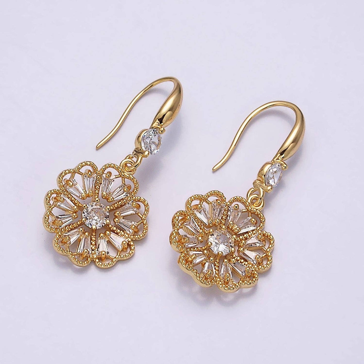 16K Gold Filled Open Flower Triangle Baguette Beaded CZ Drop