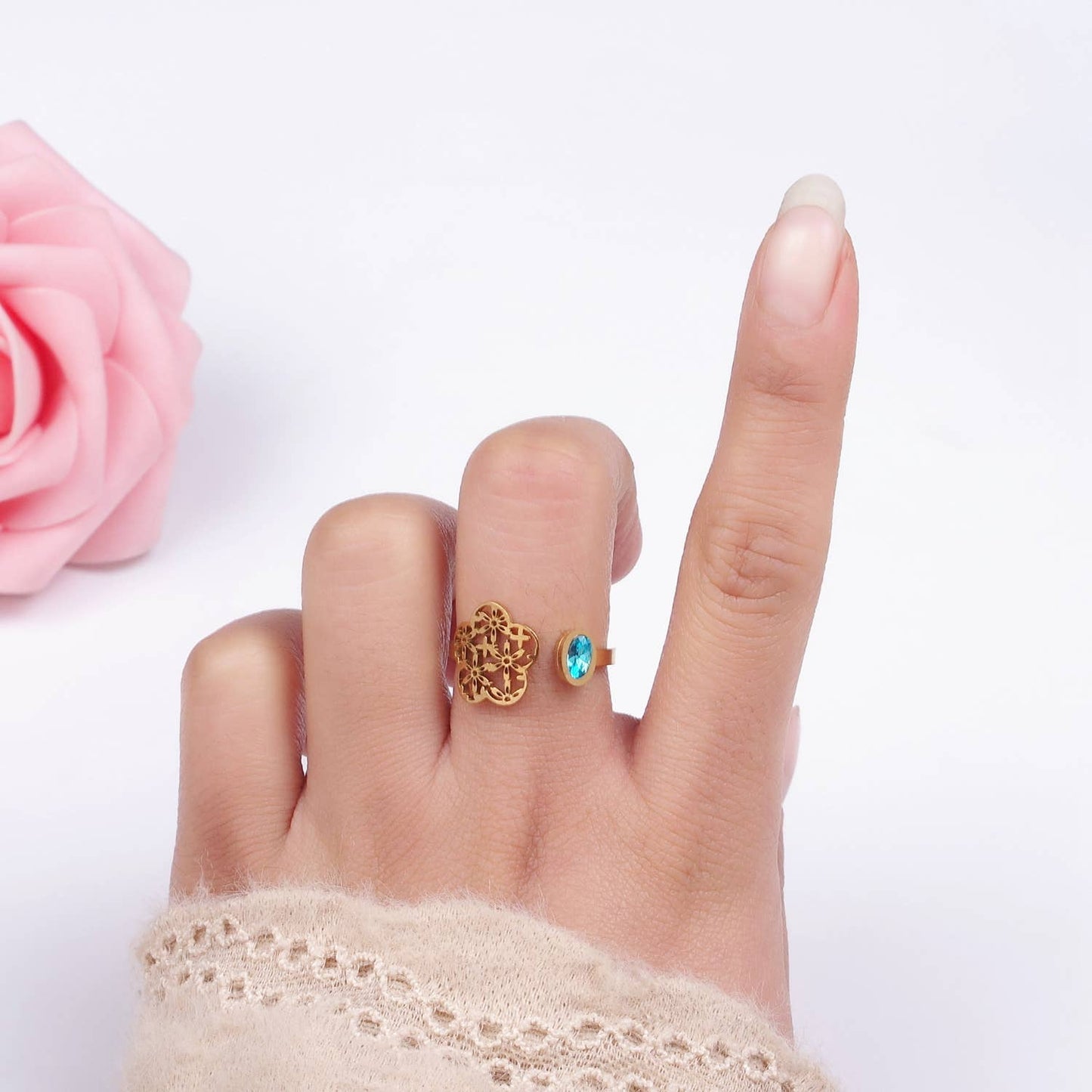 Stainless Steel Blue CZ Bezel Open Flower Filigree Wrap Ring