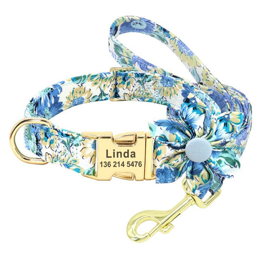 Blue Daisy Flower Dog Collar & Leash Set | Personalized Free