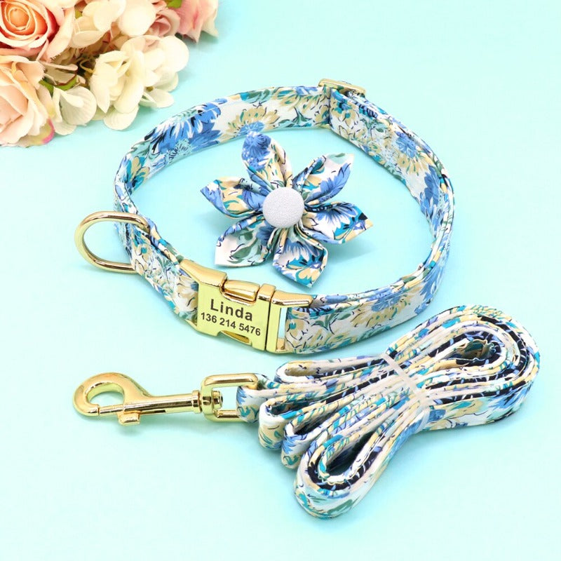 Blue Daisy Flower Dog Collar & Leash Set | Personalized Free