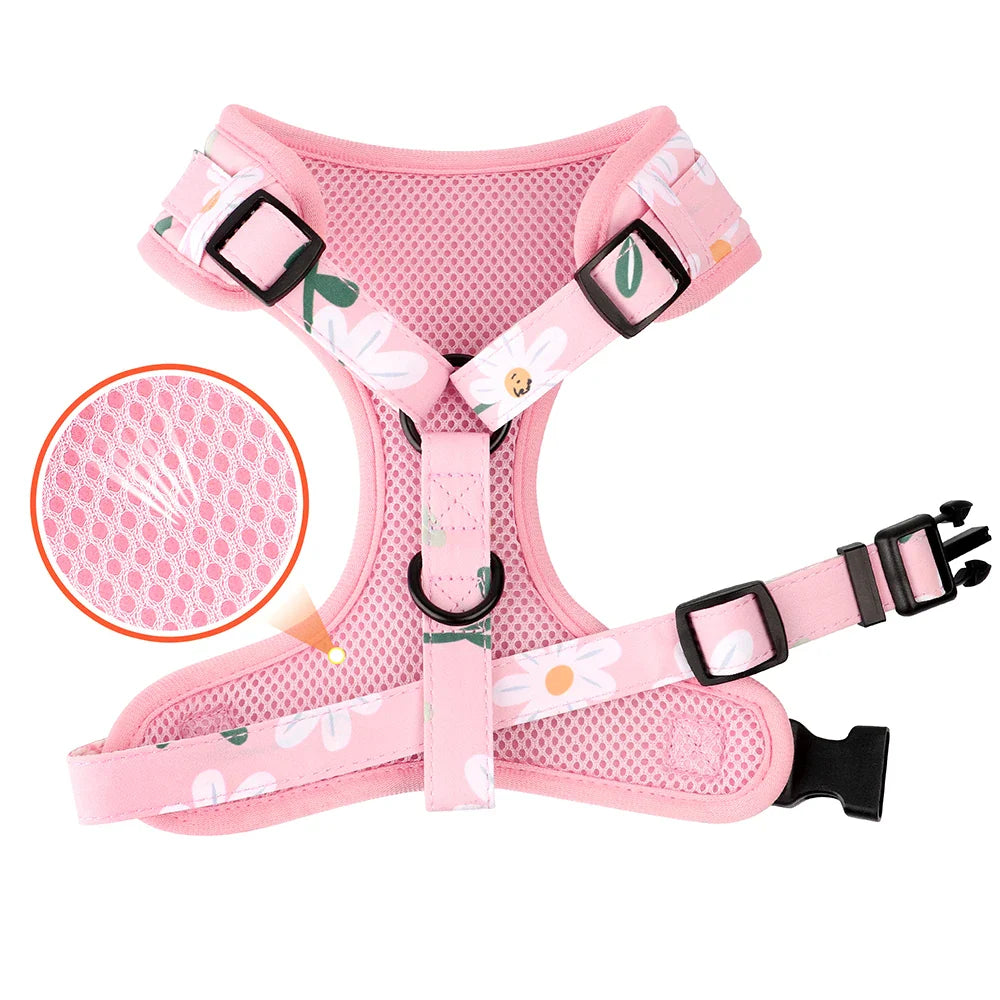 4pc Floral Daisy Dog Collar Harness Leash & Poo Bag Set | Personalized Free