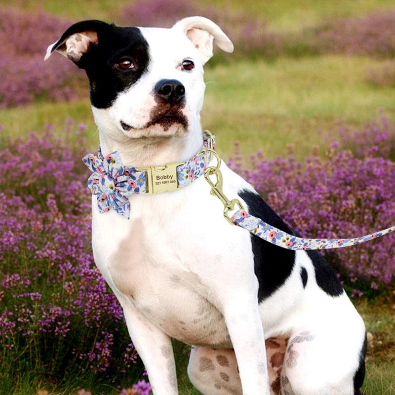 White Flower Dog Collar & Leash Set | Personalized Free