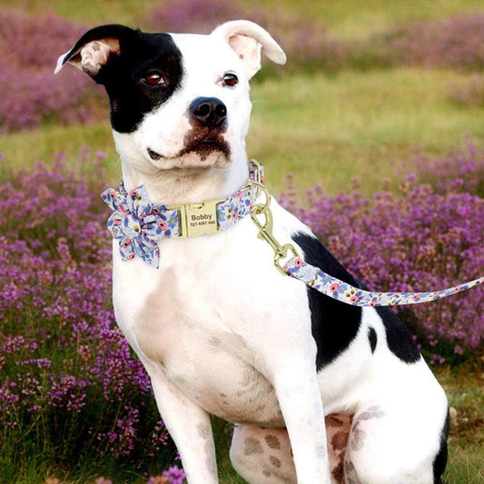 White Flower Dog Collar & Leash Set | Personalized Free