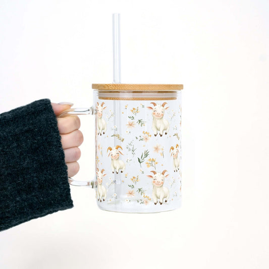 Floral Cute Goats 17oz Mug With Lid and Straw