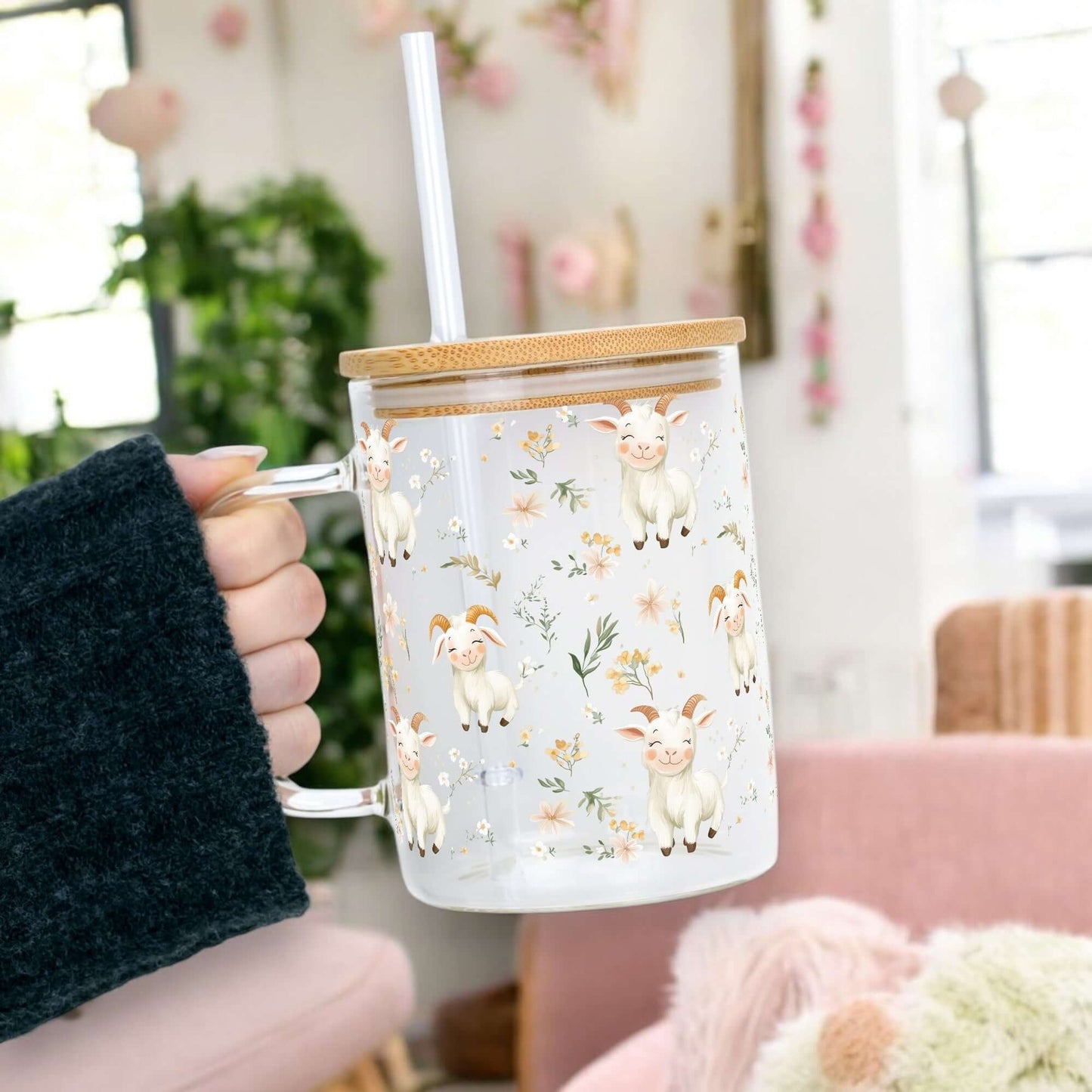 Floral Cute Goats 17oz Mug With Lid and Straw