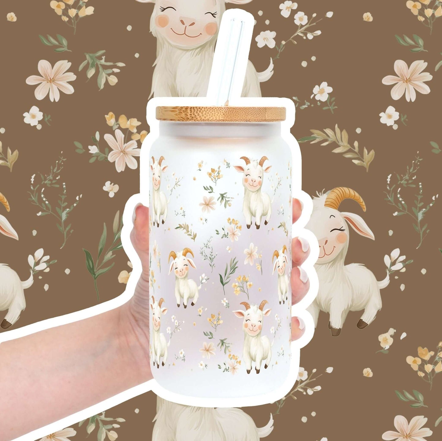 Floral Cute Goats Cup With Lid and Straw