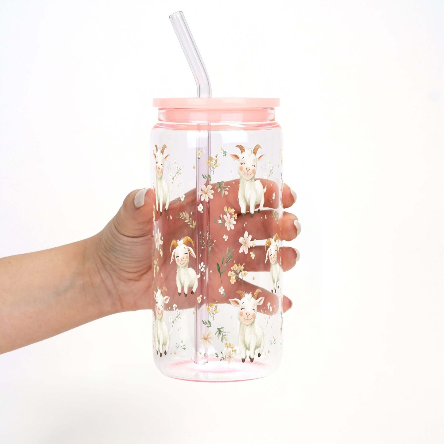 Floral Cute Goats Cup With Lid and Straw