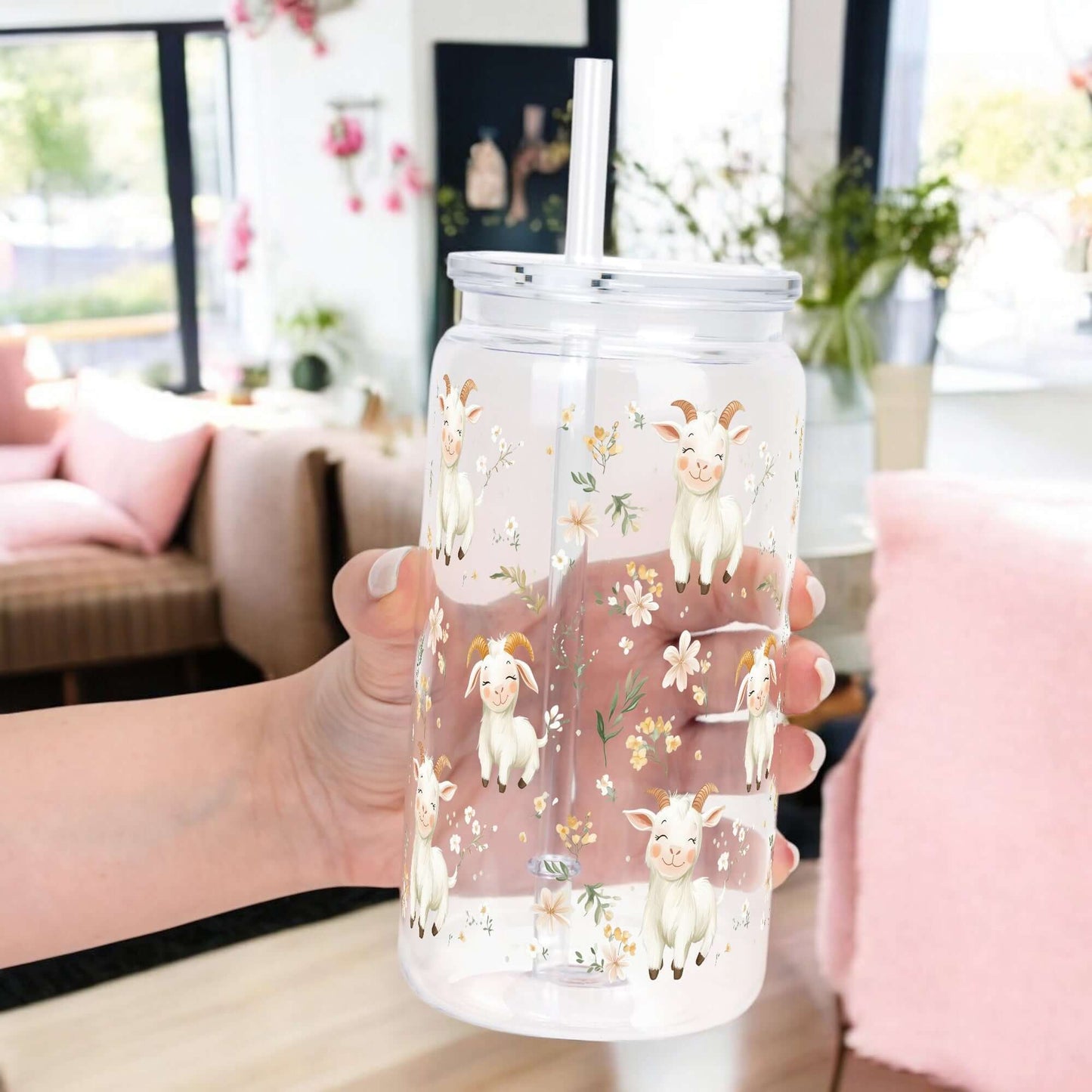 Floral Cute Goats Cup With Lid and Straw