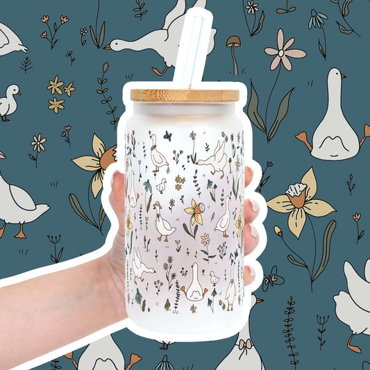 Floral Geese Cup With Lid and Straw