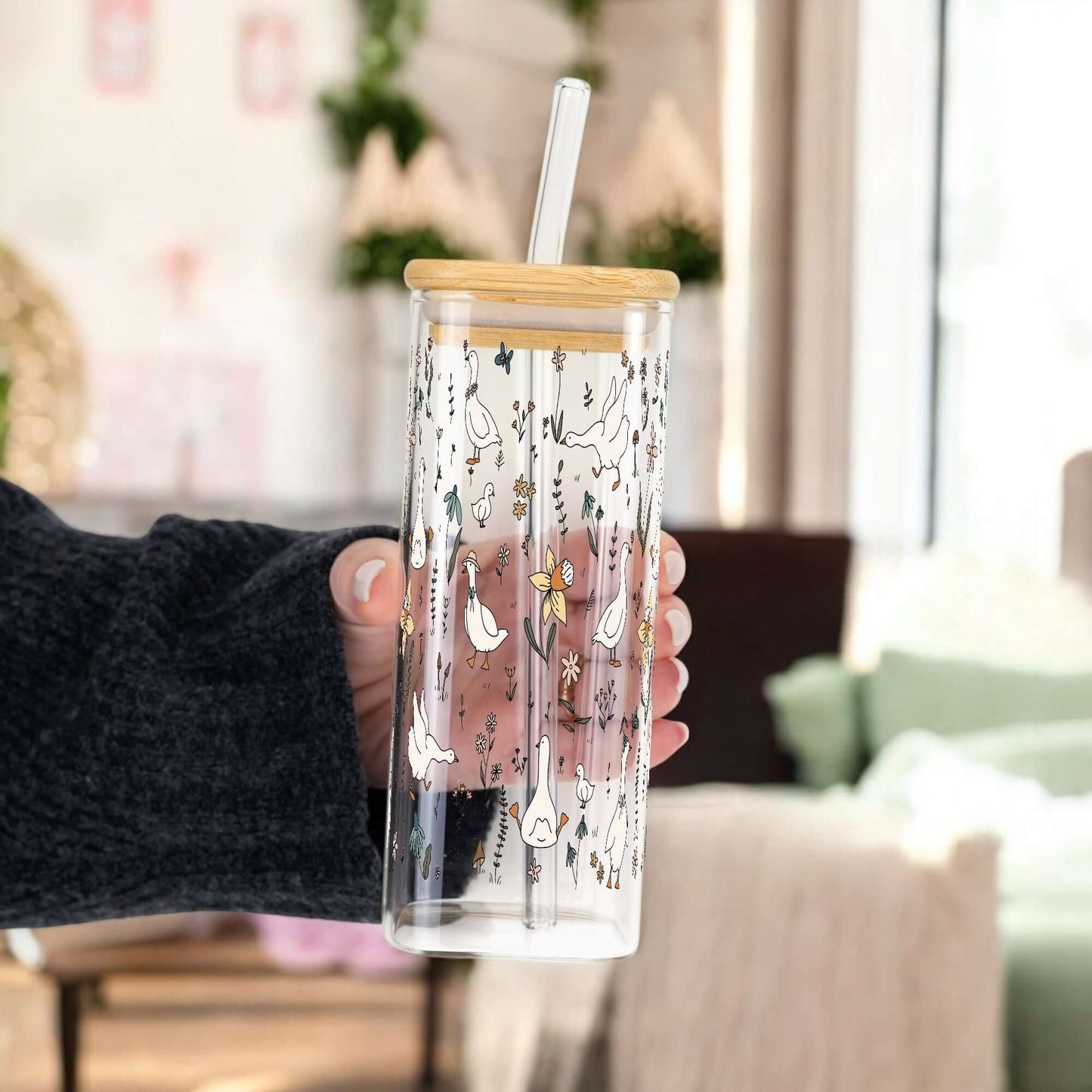 Floral Geese Cup With Lid and Straw