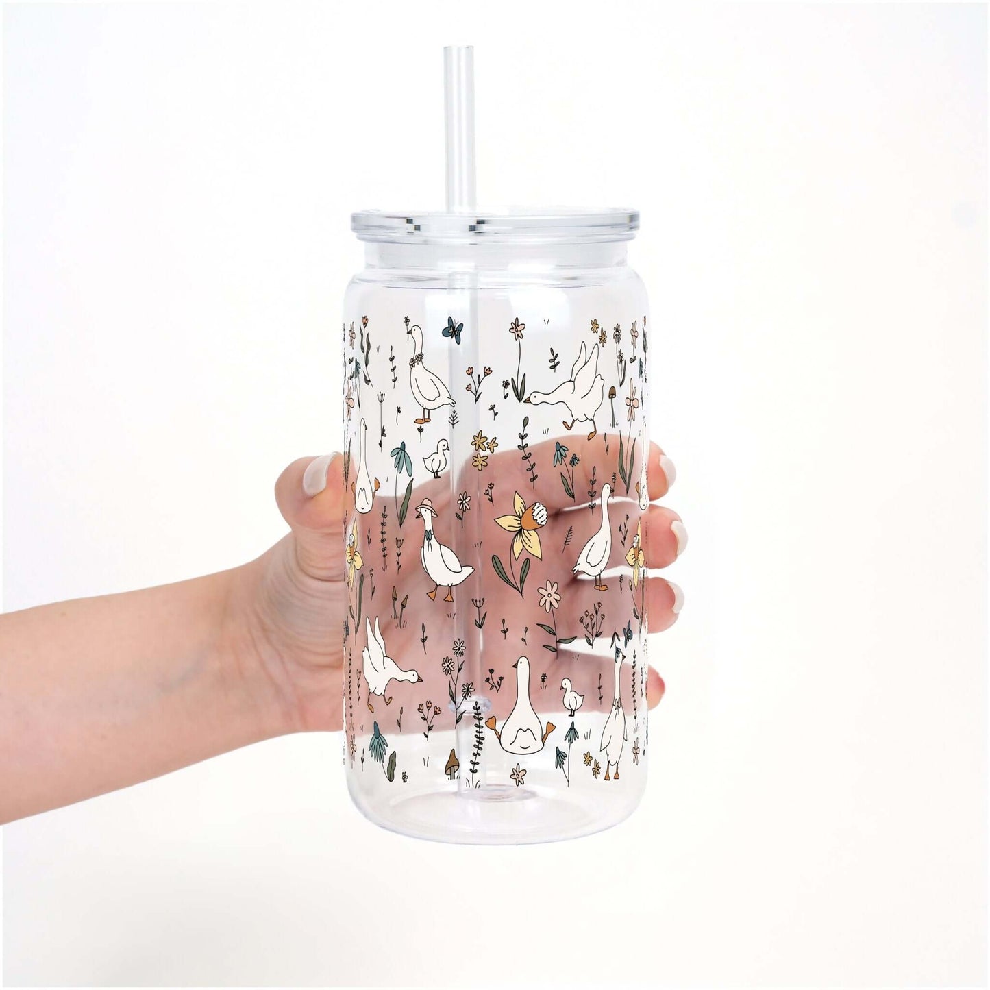 Floral Geese Cup With Lid and Straw