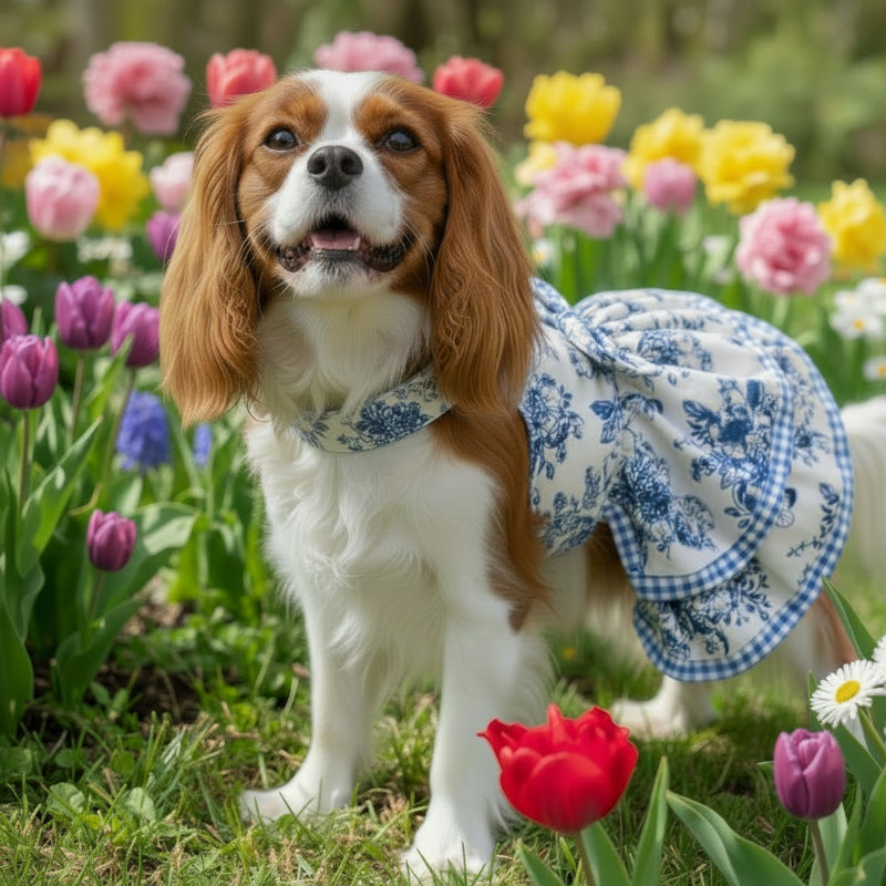 French Blue Toile Garden Dog Harness Dress & Leash Set